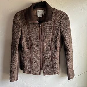 Worth Mixed Textile Fitted Full Zip Linen/Cotton Blend Knit Jacket Brown Sz‎ 4